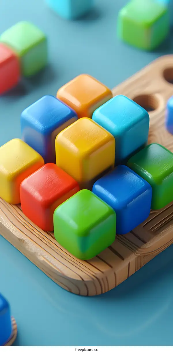 Colorful 3D cubes on a wooden table
