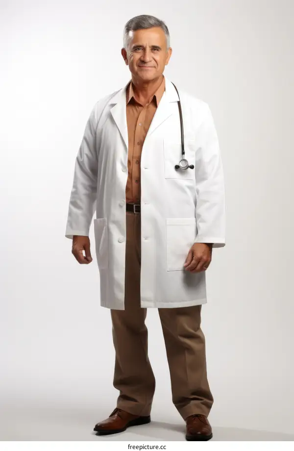A doctor in a white coat is standing with a stethoscope around his neck
