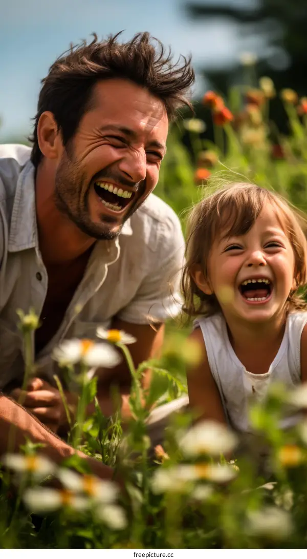 Father and daughter laughing in a field of flowers