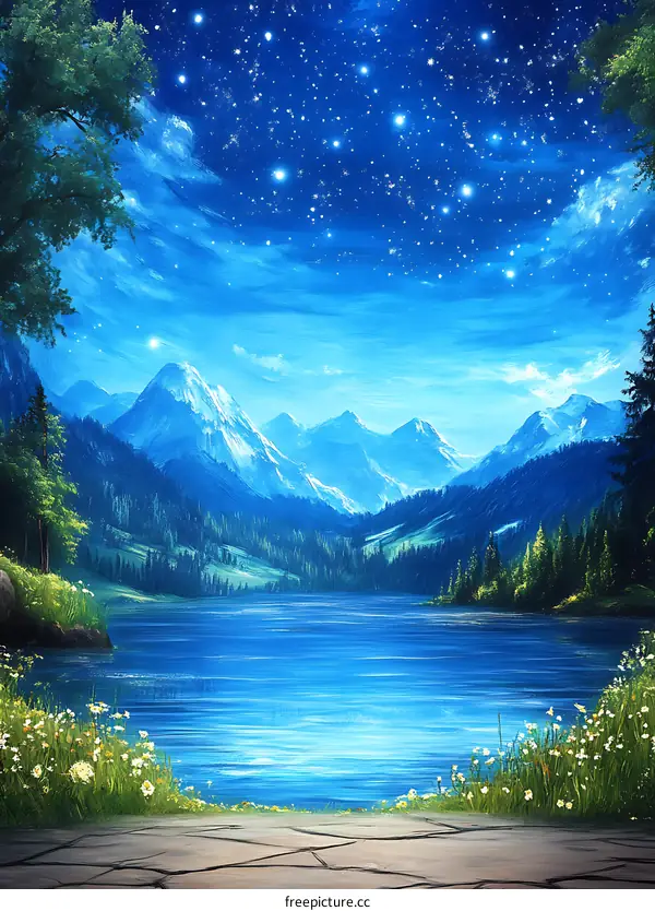 Mountain Landscape with Starry Night Sky