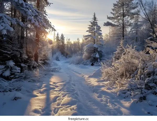 The sun shines through the snow covered trees in the forest
