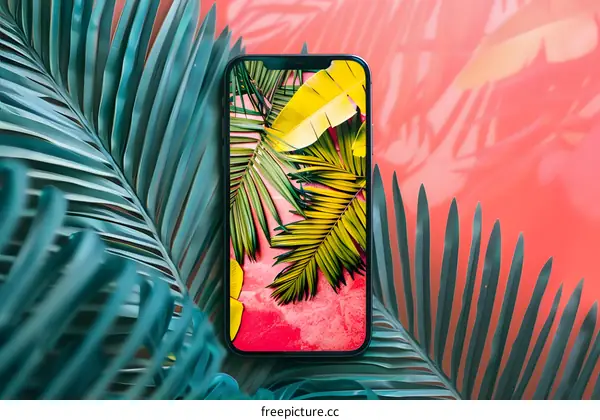 Phone Screen With Tropical Leaves Wallpaper