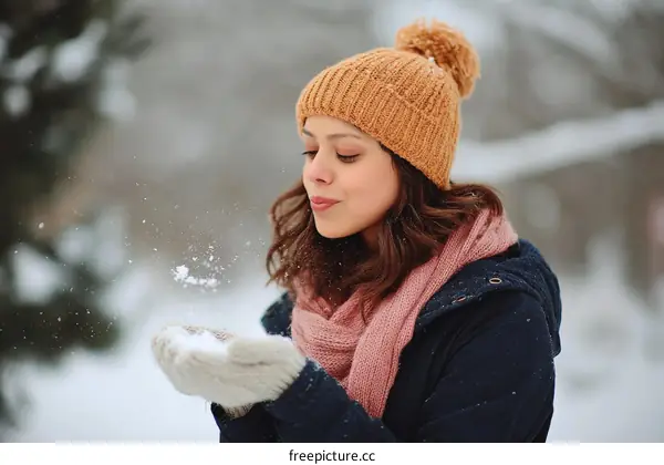 Woman Playing with Snow in Winter Landscape