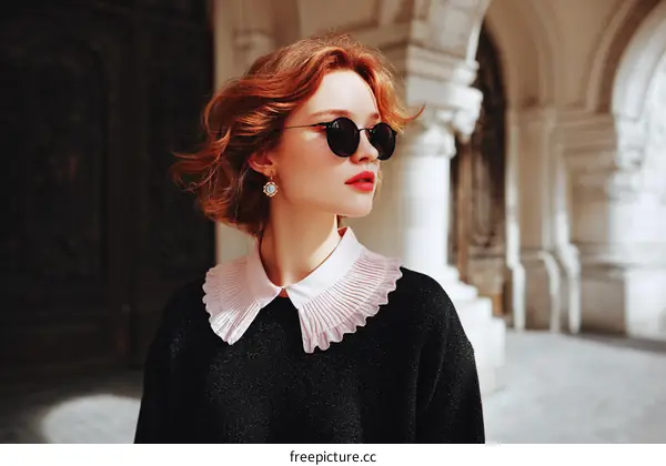Stylish Woman in Trendy Outfit by Architectural Building