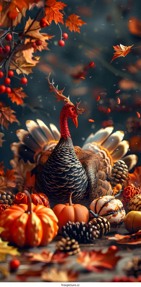 A turkey standing next to a pile of pumpkins, with leaves and pine cones around it