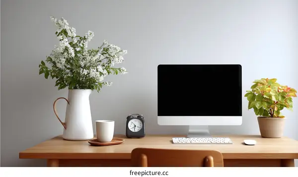 Modern Workspace with Flowers and Plants