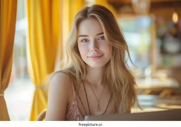 Portrait of a beautiful young woman with blonde hair and blue eyes smiling