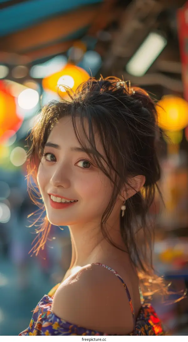 Smiling Asian Woman in Urban Night Lights