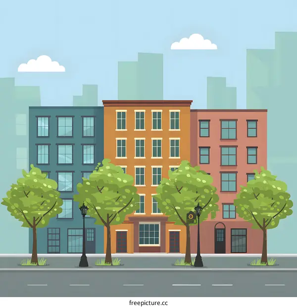 Cityscape Illustration with Buildings and Trees