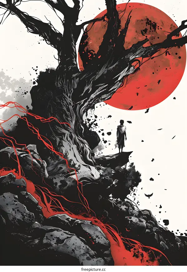 Man Standing On Mountain Top With Red Moon