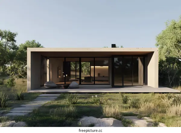 Modern Concrete House with Large Glass Windows and Wooden Beams