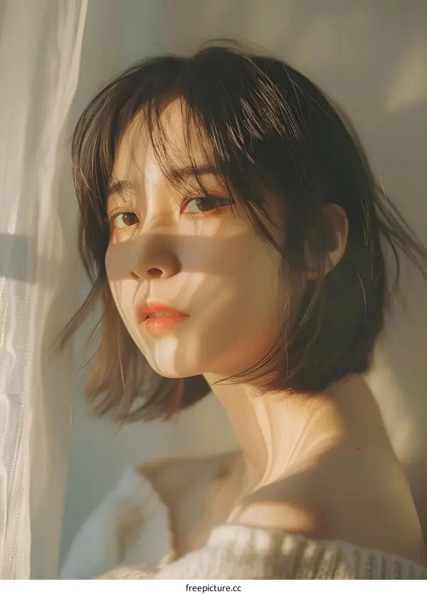 Portrait of a Young Woman with Short Hair in the Sunlight