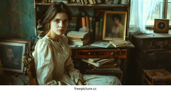 portrait of a girl in a vintage dress sitting in a library