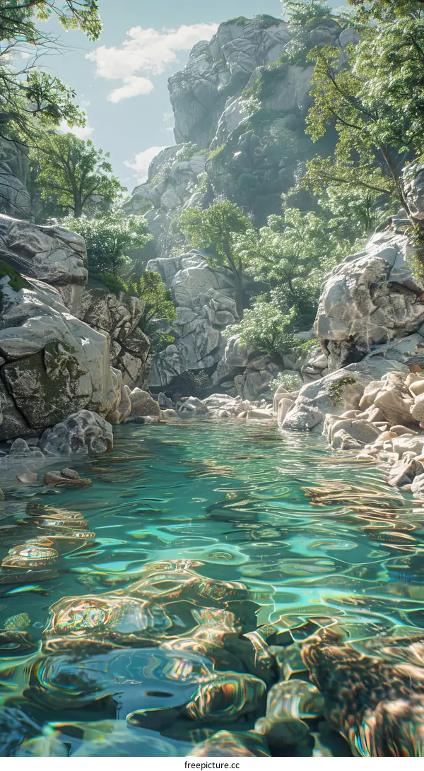 Flowing River Amidst Majestic Rocks and Lush Trees