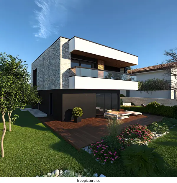 Modern House with Stone Facade and Large Deck