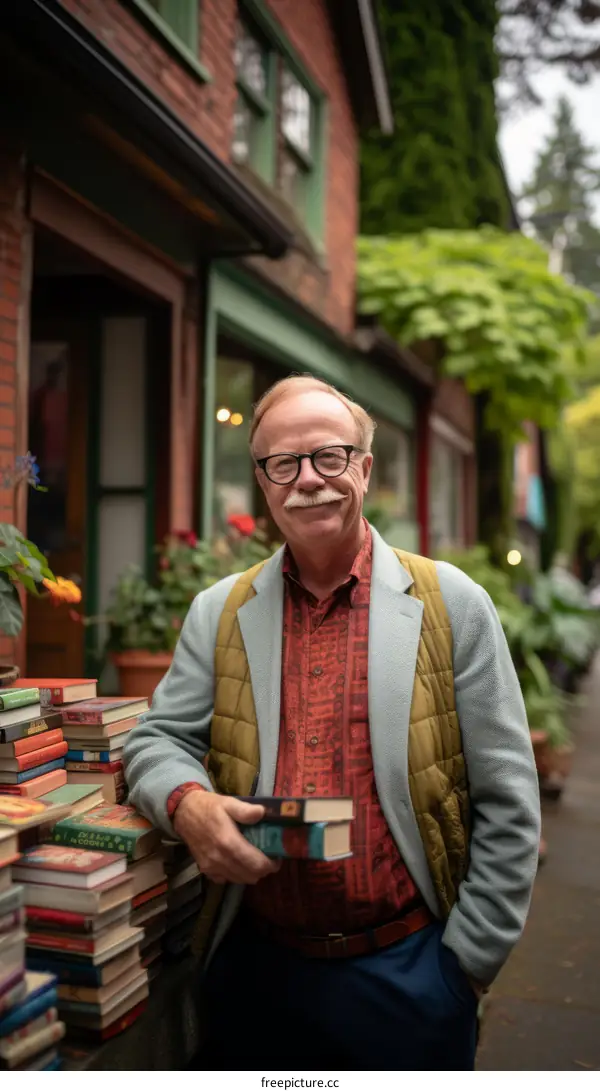 An elderly man with glasses is standing in front of a bookstore.