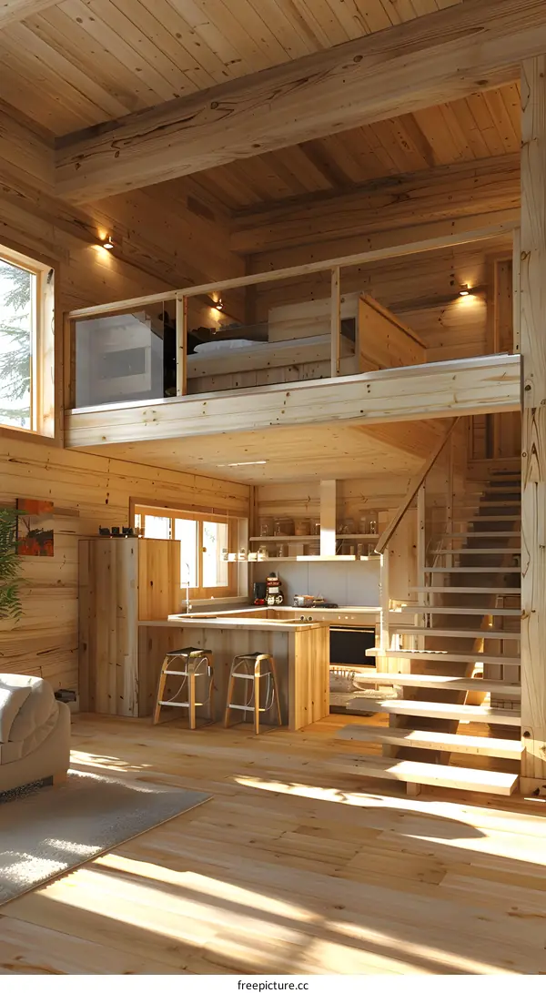 The inside of a cozy and bright wooden house