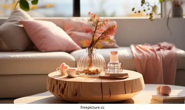 A beautiful living room with a coffee table, a vase of flowers, and a sofa