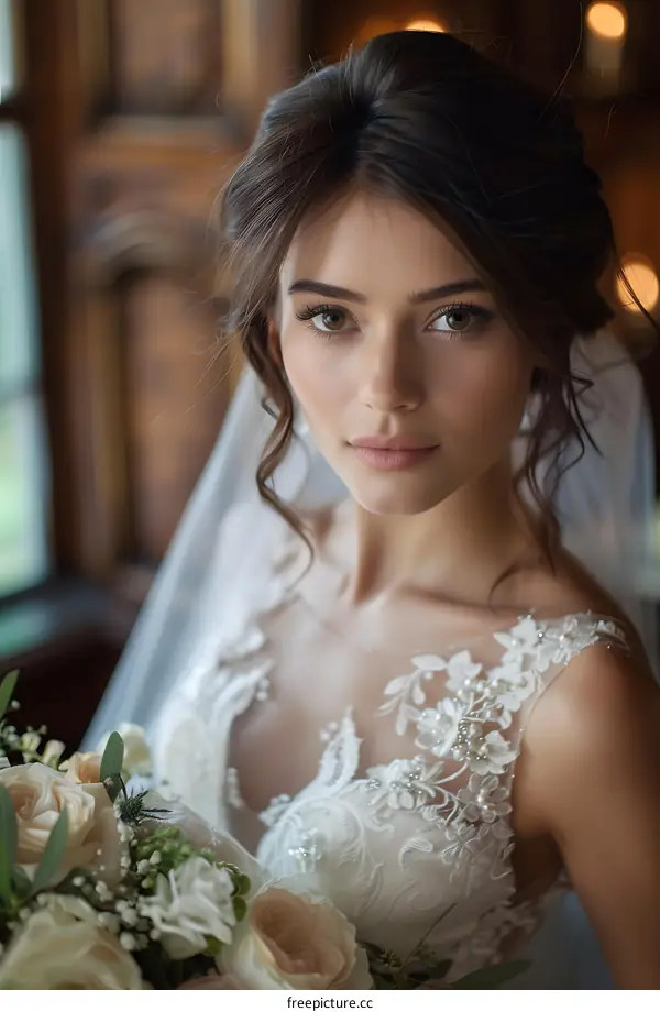 Portrait of a beautiful bride in a white dress