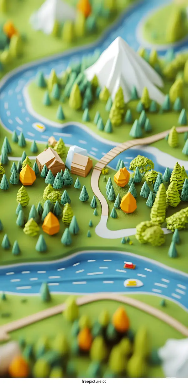 Papercraft Model of a Mountainous Landscape with Trees, River and Tents