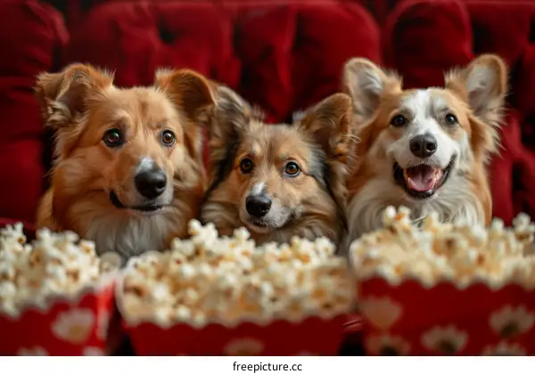 Three dogs sitting on a red couch and watching a movie