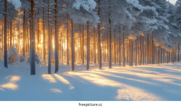 Sunlight shining through snow covered pine trees in the forest