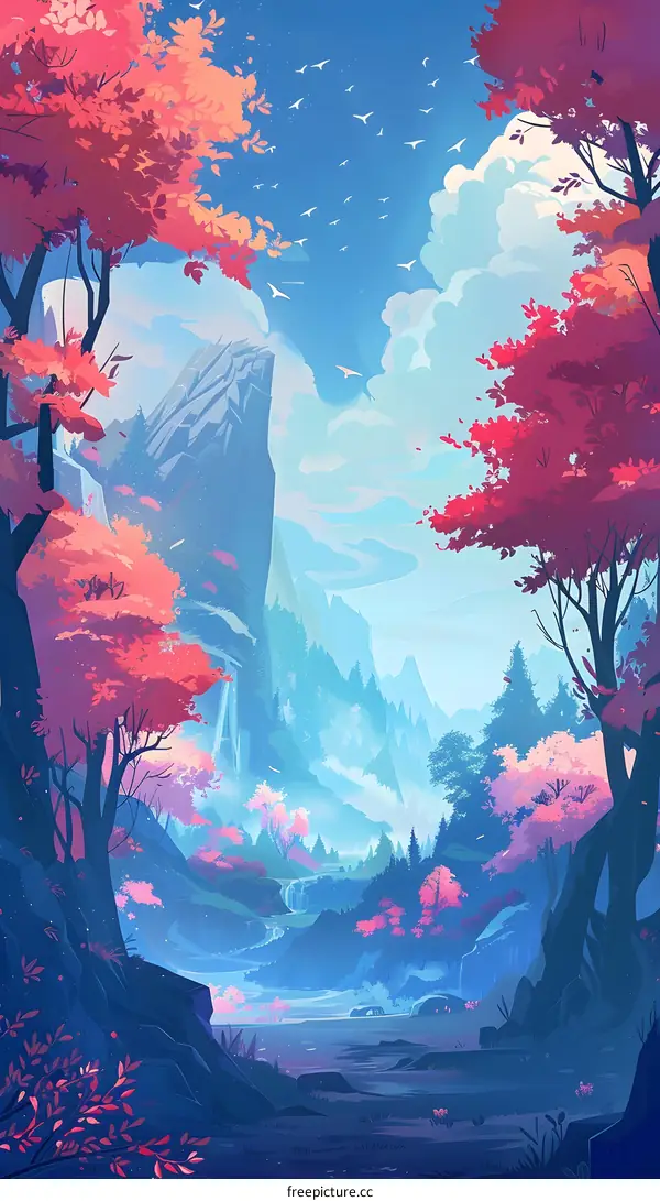 Fantasy Landscape Illustration with Blue Sky and Pink Trees