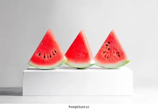 Three Watermelon Slices on a White Display