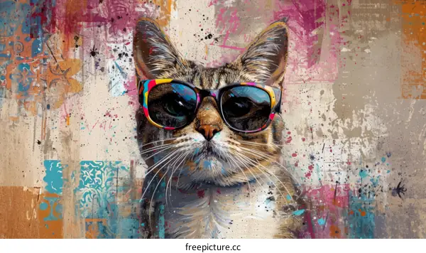 Cool cat wearing sunglasses with colorful background
