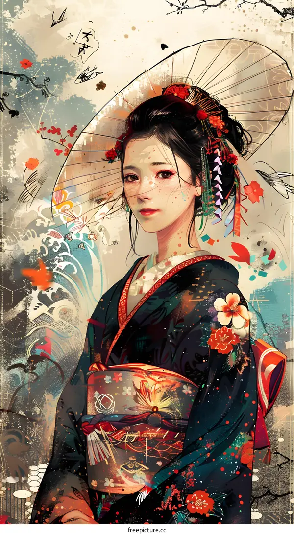 Japanese Woman in Traditional Kimono with Cherry Blossoms and a Parasol