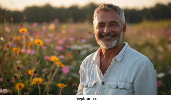 Portrait of a smiling man standing in a field of flowers