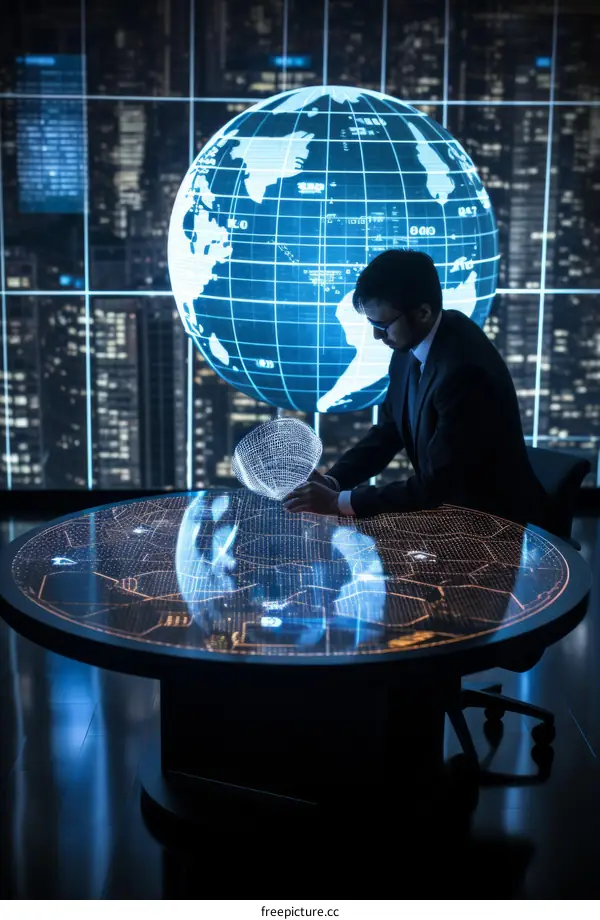 Businessman analyzing global network data in futuristic office