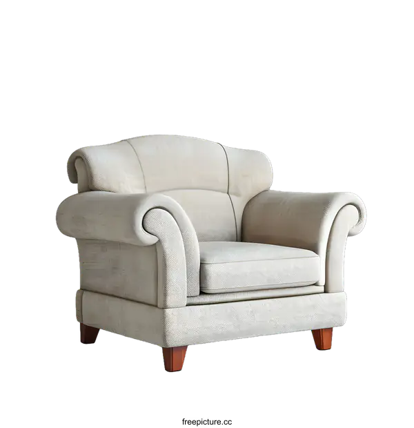 [Transparent Background PNG]Beige Armchair With Wooden Legs On A White Background