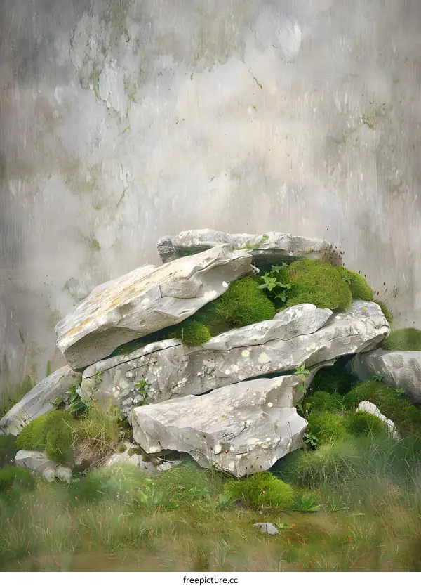 Stack of Rocks and Moss in Front of a Concrete Wall