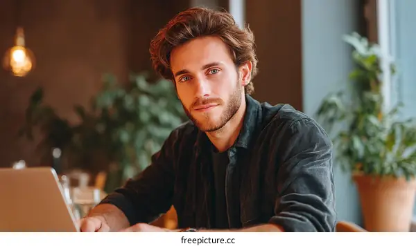 Caucasian Man Working on a Laptop in a Cafe