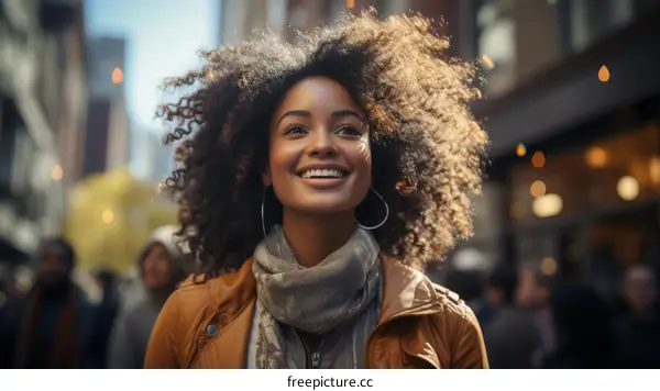 A young African-American woman smiles as she walks down a busy city street