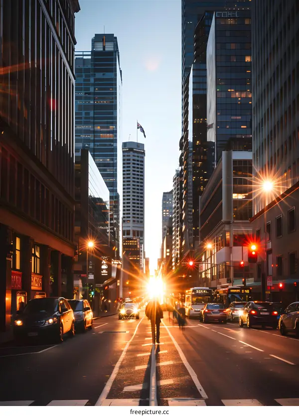 Sunset Over City Street with Person Walking