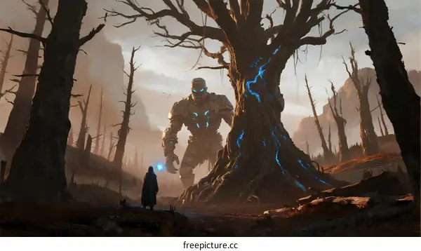 A Mysterious Figure Facing a Colossal Mechanical Golem in a Barren Forest