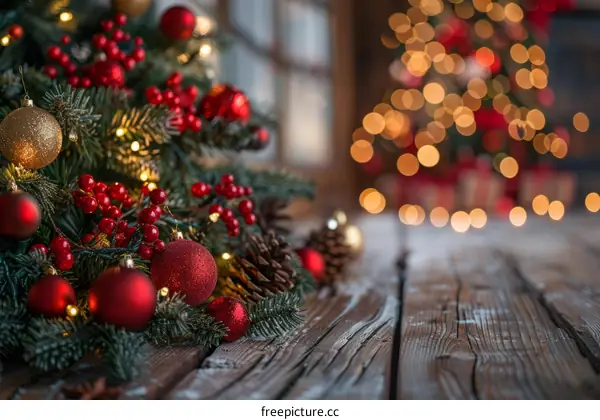 Christmas Ornaments and Pine Cones on Wooden Background - Still Life Photography