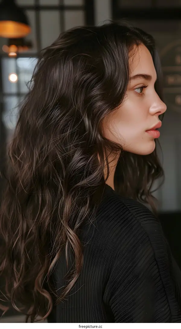 Woman with Wavy Brown Hair Wearing a Black Sweater