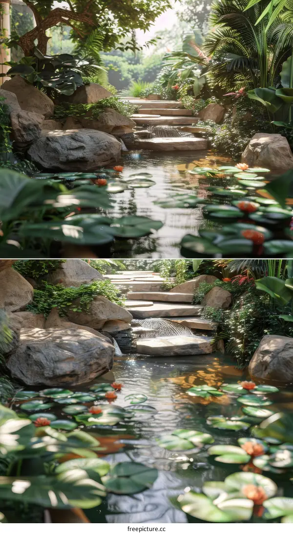 Waterfall and lily pond in a lush garden
