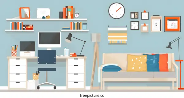 Modern Home Office Interior Design with Desk, Sofa, and Bookshelves