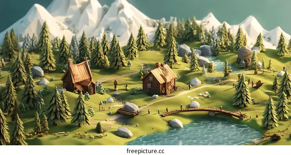 Low Poly Illustration of a Small Village with Wooden Houses and Mountains in the Background