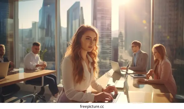 Confident businesswoman working on laptop in modern office with glass windows
