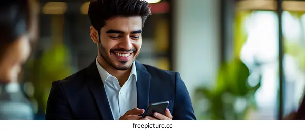 Smiling Businessman Using Phone In Office