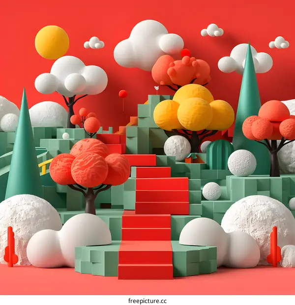 Whimsical 3D illustration of a surreal landscape with red staircase