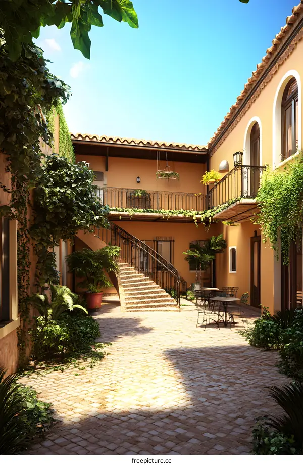 Spanish Style Courtyard with Stairs and Plants