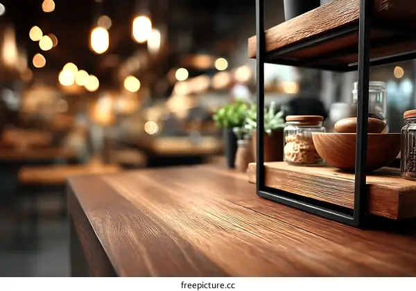 Wooden Tabletop with Display Shelves in a Cafe