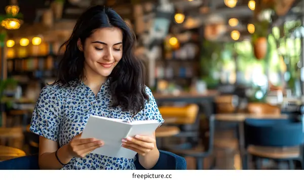 Young Woman Reading Book in Coffee Shop