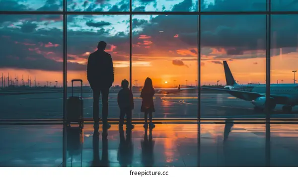 Dad and Kids Look at Airplanes as the Sun Sets